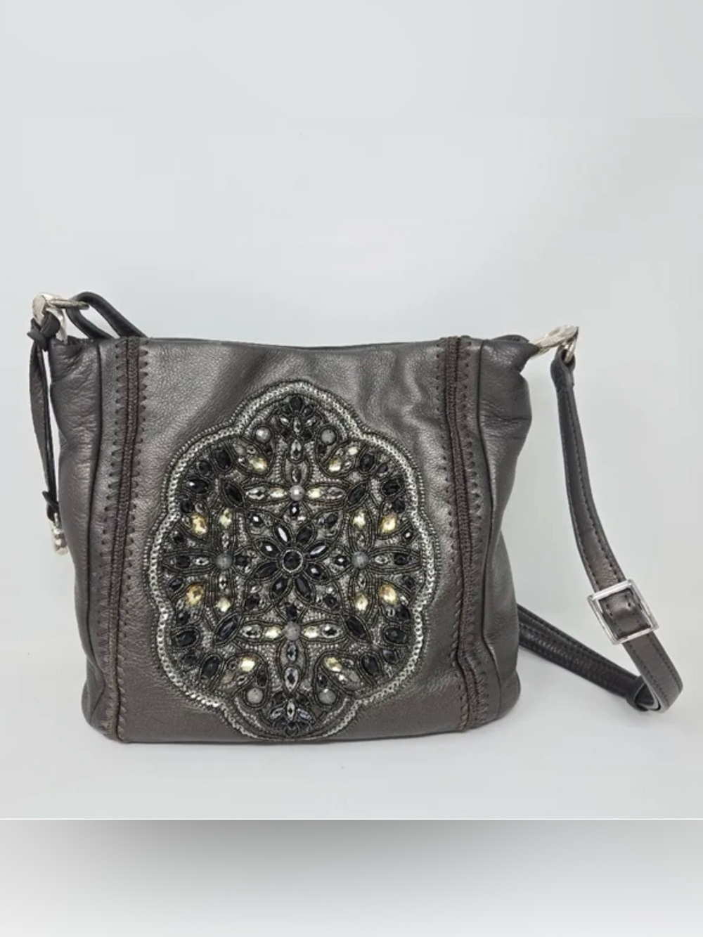 Brighton Pewter Anju Jeweled Beaded Leather Shoulder Bag Purse